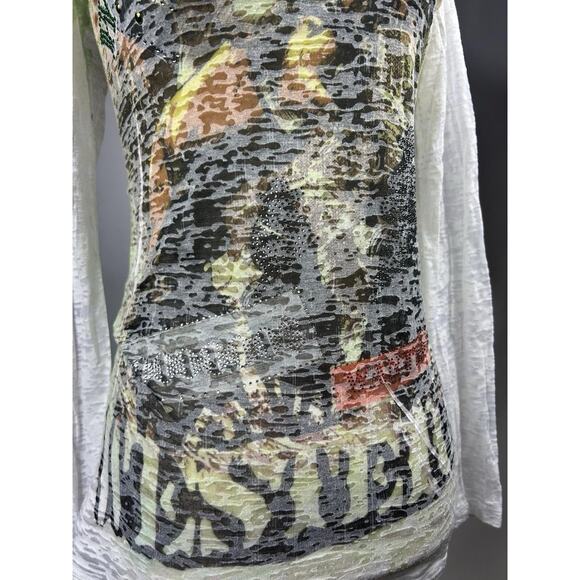 Vintage Y2K Western Grunge Shirt Size M All Over Graphics Sequins Quotes - Picture 3 of 8